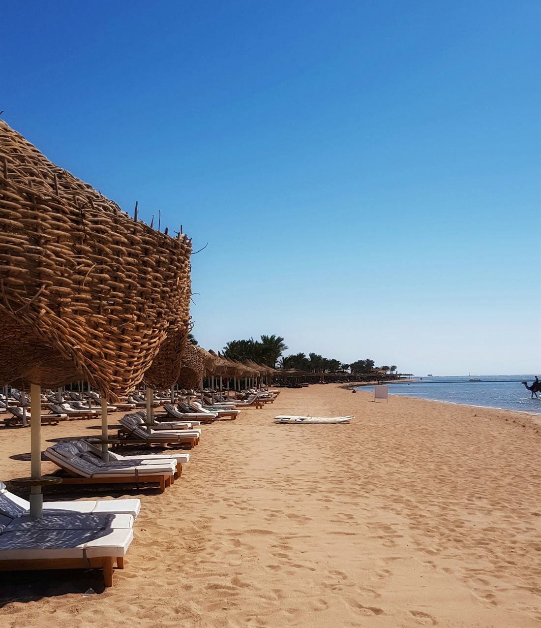 Loungers on the sand beneath a rocky headland