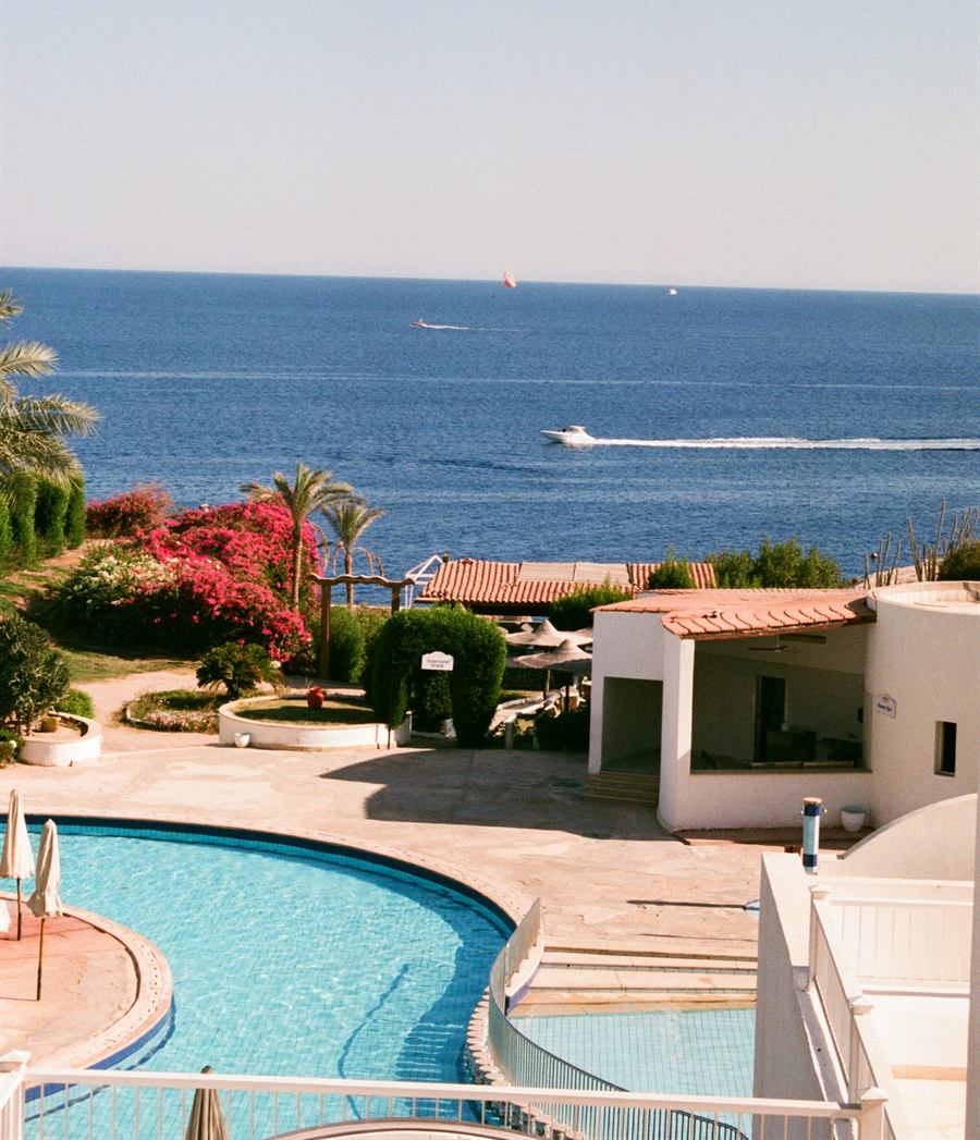 A pool on a terrace above the deep blue Red Sea, a speedboat passing beyond